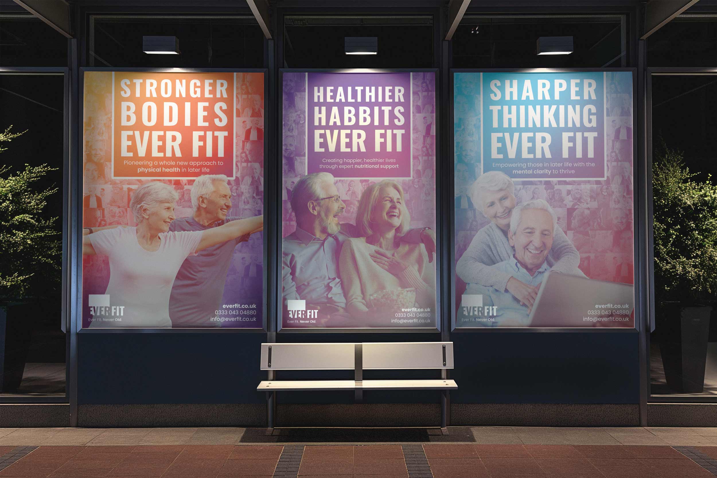Three EverFit billboard posters showing the branding in-situ