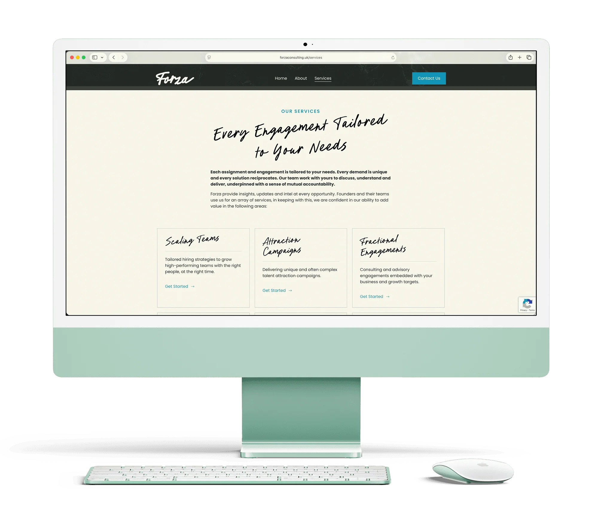Forza Website iMac web page screen showing services
