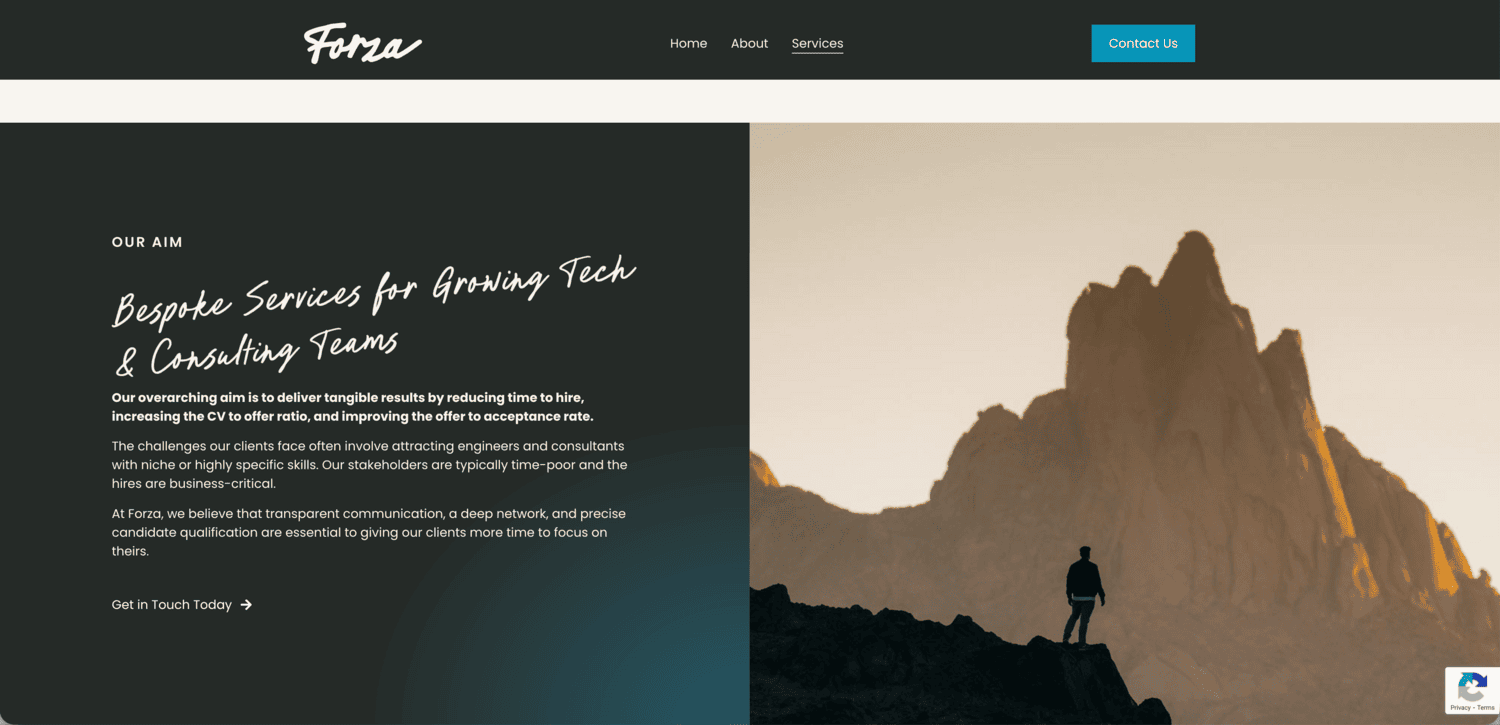 Forza website services section text. bespoke services for growing tech and consultancy teams.