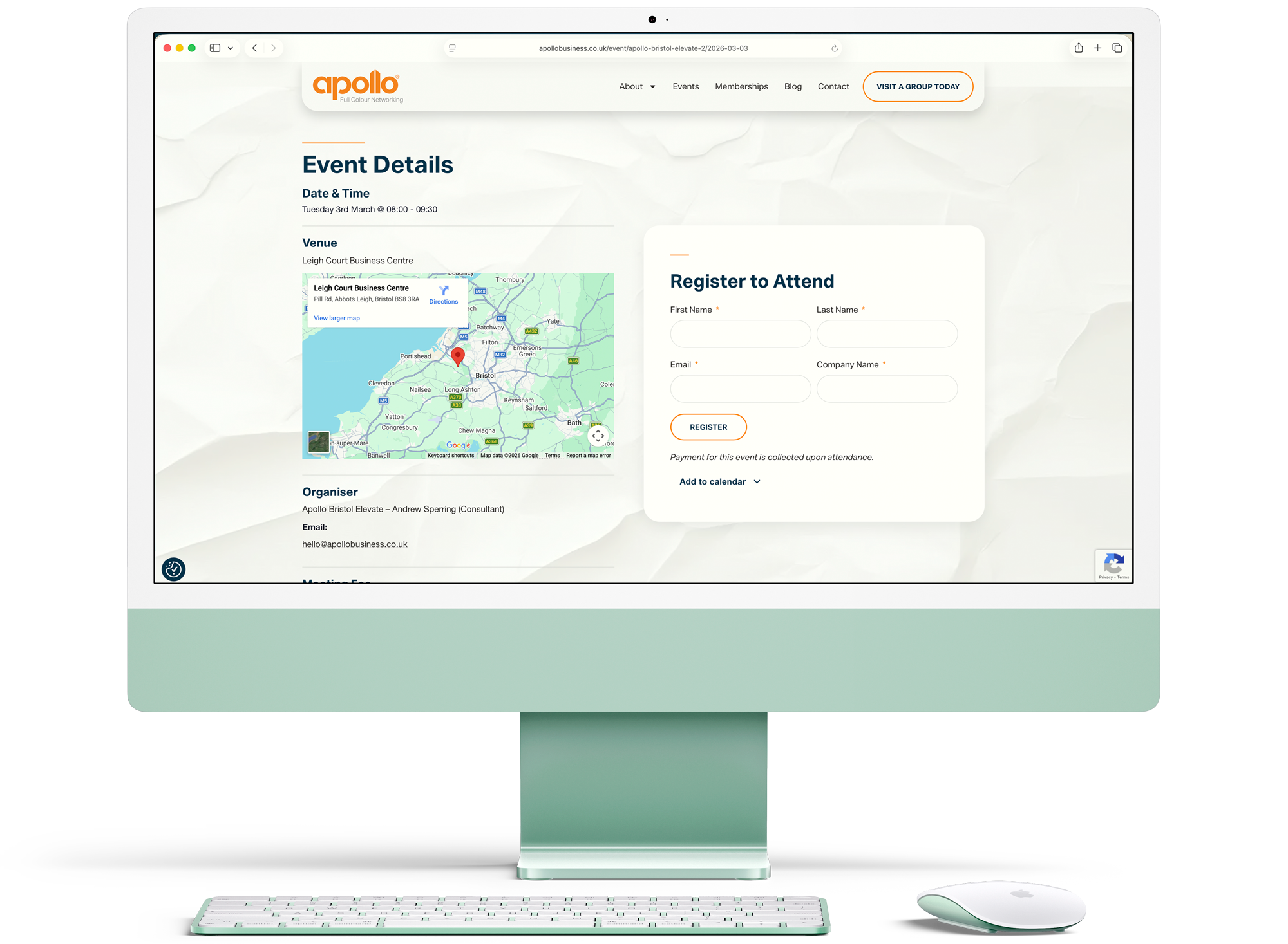 Apollo UK website events page on an iMac screen