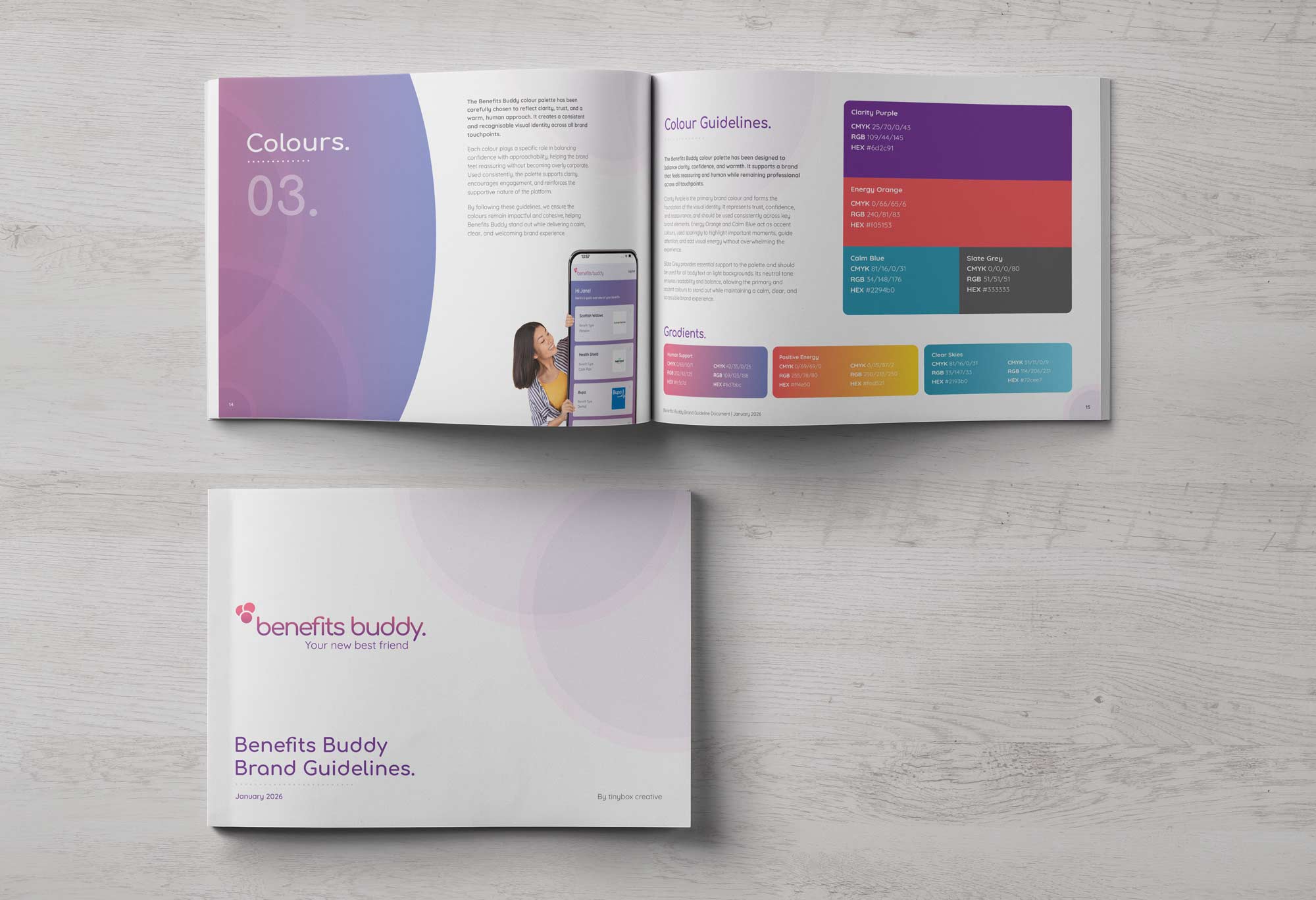 Benefits Buddy brand guideline document open on a table