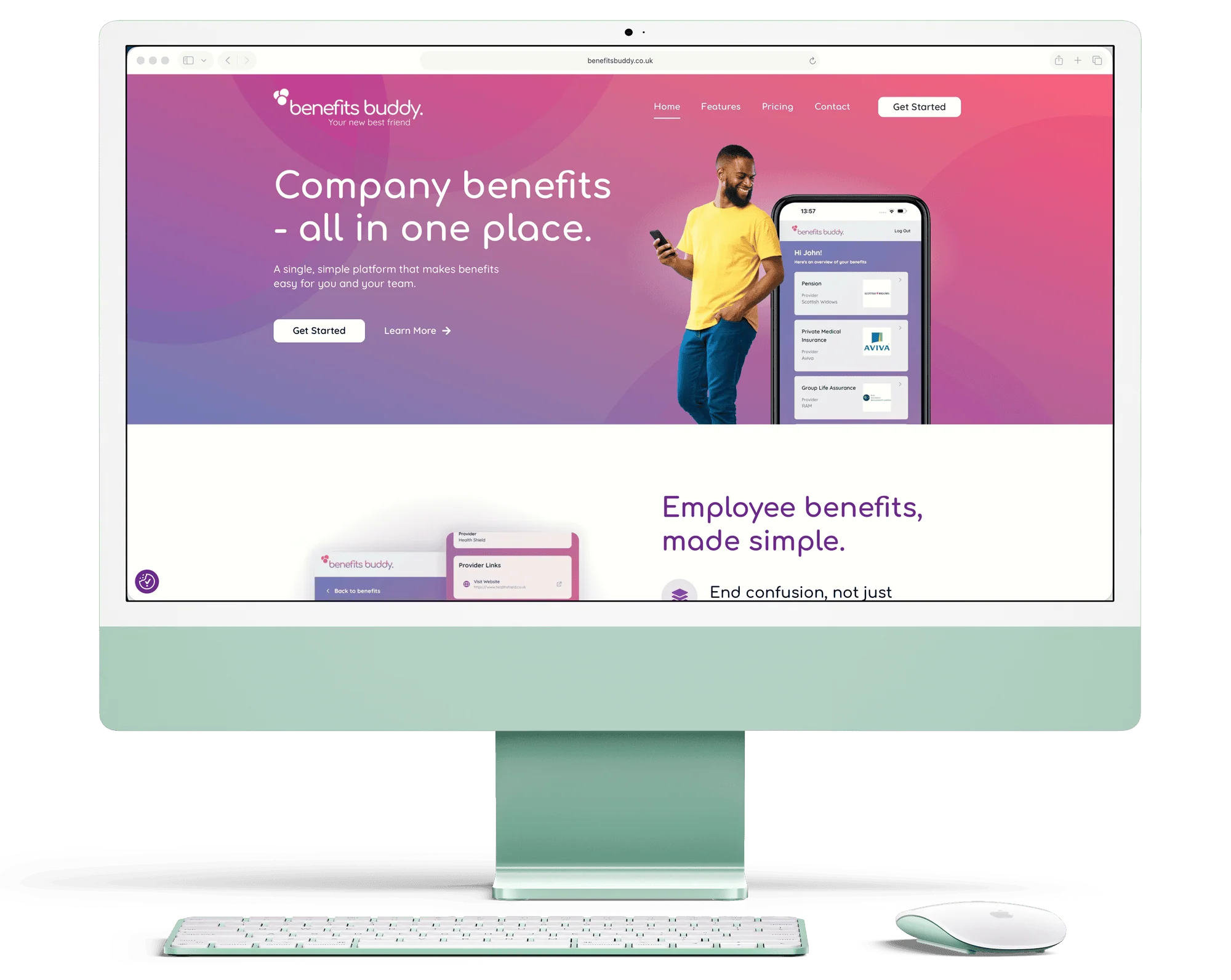 Green imac showing the Benefits Buddy website home page